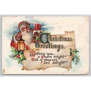 Tuck Postcard Red Santa Claus Lantern Scroll Wishing You Merry Christmas